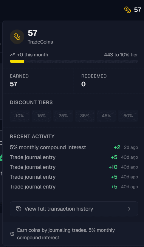 TradeCoins rewards — earn coins by journaling and redeem for discount tiers